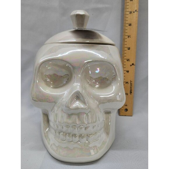 Halloween Decor Iridescent White Ceramic Skull Jar Canister With Lid - Picture 1 of 13